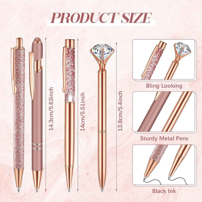 Sabary 8 Pcs Rose Gold Diamond Pens with Glitter Desk Pen Holder for Women