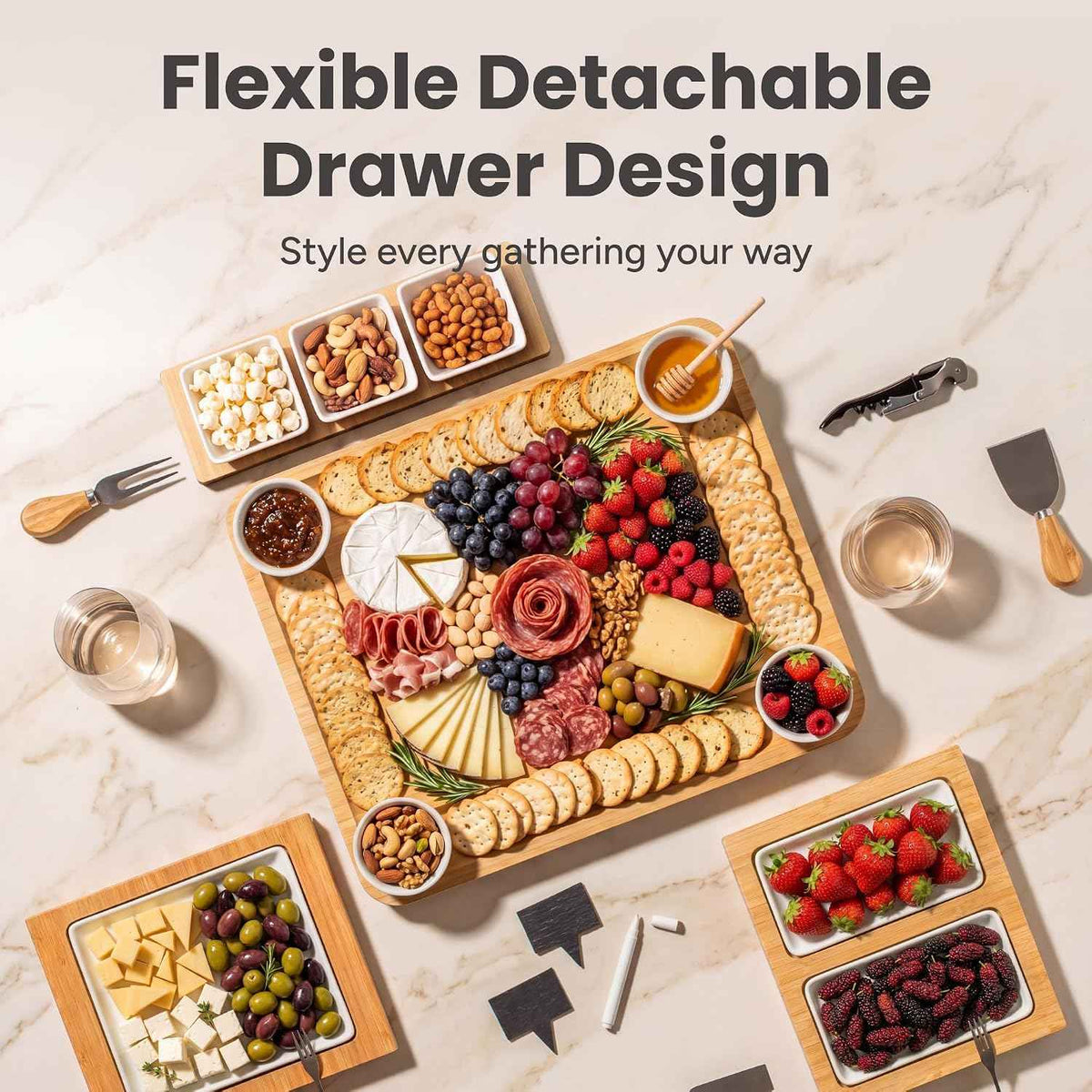 SMIRLY Bamboo Charcuterie Board Set with Cheese Knives, Serving Accessories | Housewarming, Wedding and Holiday Gift for Hosts, Suitable for Parties, Family Gatherings and Serving Charcuterie Spreads