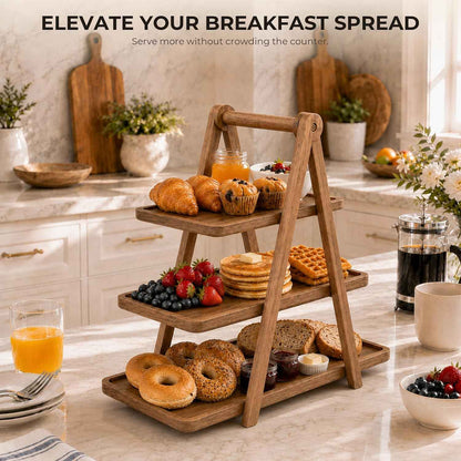 Acacia Wood 3 Tier Foldable Serving Tray, Farmhouse Tiered Display Stand for Charcuterie, Cheese, Desserts & Snacks, Wooden Organizer for Kitchen Counter, Coffee Bar and Party Entertaining