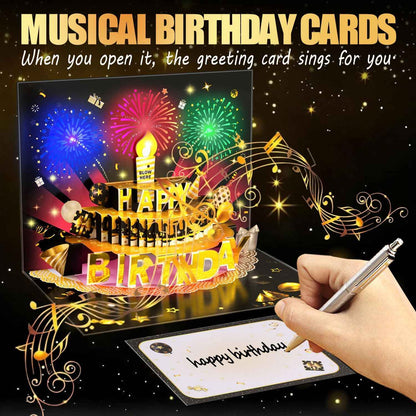 Pop Up Birthday Cards for Men, LED Light & Music Blow The Candle | 3D Balloons, Singing Happy Birthday gifts Card for Husband - Women, Kids, Son, Her, & Dad