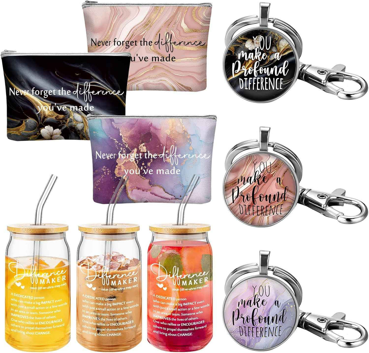 Hoolerry 9 Pcs Thank You Gifts for Women Employee, Difference Maker | 16oz Glass Cup, Motivational Pouch, Teacher Appreciation Keychain for Boss Coworkers Nurse Volunteer Team Social Worker Gifts