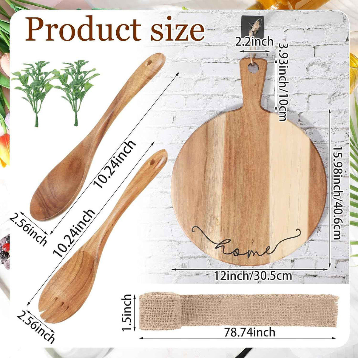 Patelai Wooden Cutting Board with Spoon Fork, Round Charcuterie Board | Housewarming Hostess Gift with Ribbon Decoration, Natural Wood Handle, Serves Cheese Fruit Bread Salad
