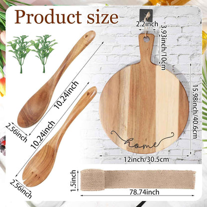 Patelai Wooden Cutting Board with Spoon Fork, Round Charcuterie Board | Housewarming Hostess Gift with Ribbon Decoration, Natural Wood Handle, Serves Cheese Fruit Bread Salad