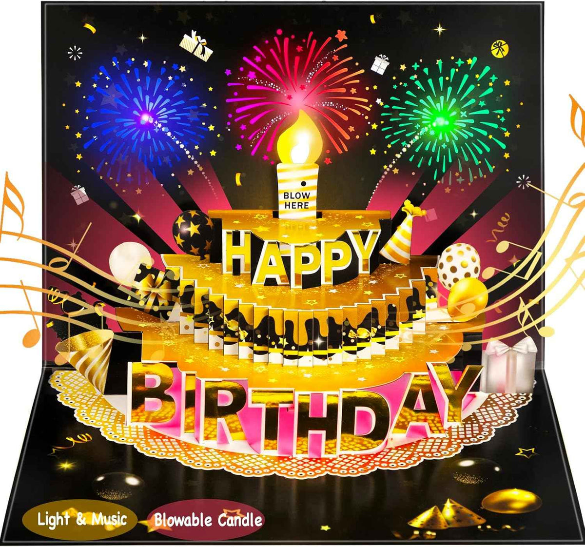 Pop Up Birthday Cards for Men, LED Light & Music Blow The Candle | 3D Balloons, Singing Happy Birthday gifts Card for Husband - Women, Kids, Son, Her, & Dad