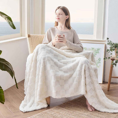Ivory Checkered Fleece Throw Blanket
