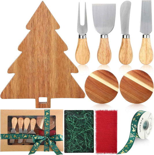Reallnaive 11 Pcs Christmas Tree Board Gift Set for Holiday Party | Include Xmas Wood Cutting Board, Cheese Knives, Napkin, Coasters, Christmas Kitchen Accessories Gift, for Family or Friends
