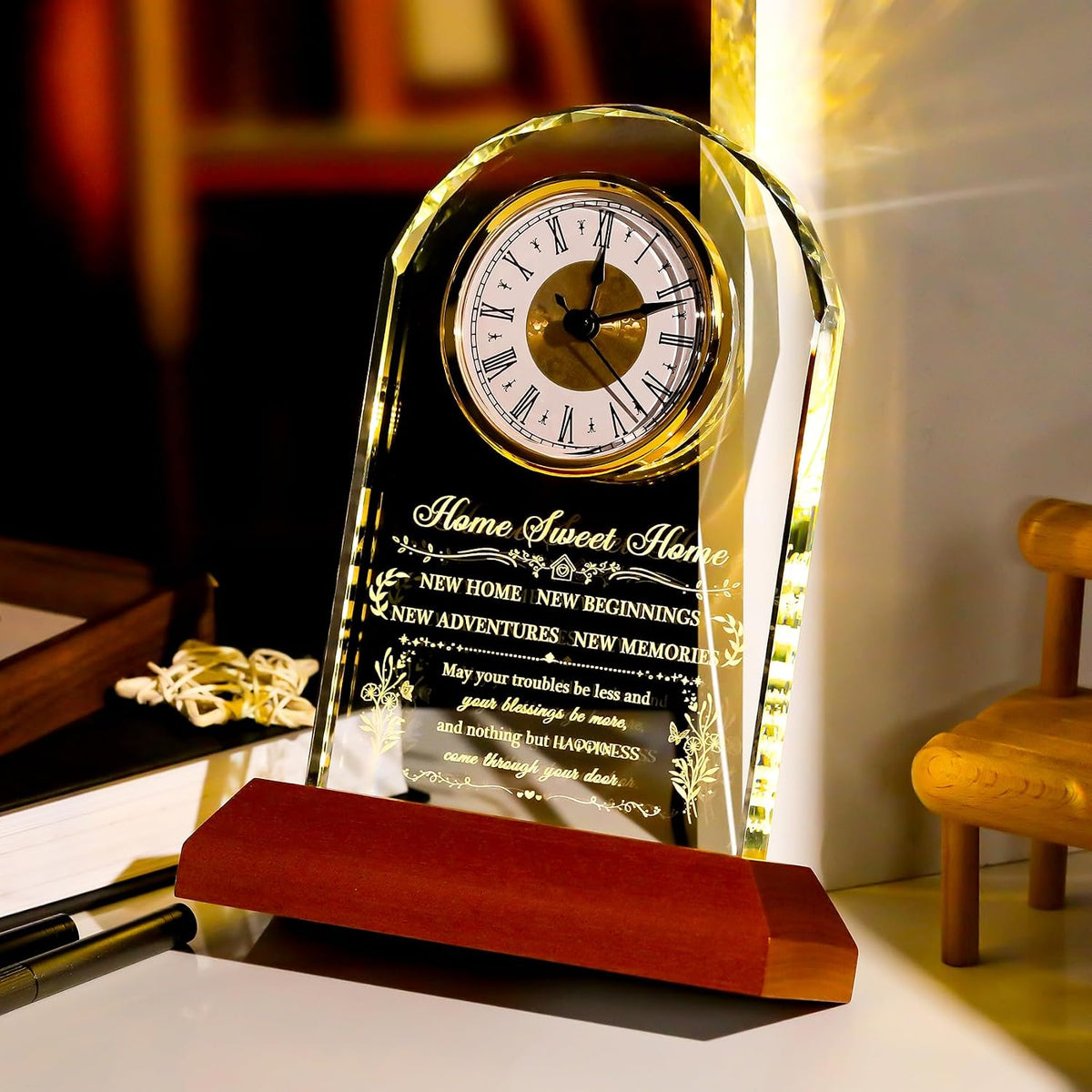 Ornalrist House Warming Gifts New Home for Women Men Glass Clock Keepsake | with Wooden LED Light Base, Unique Housewarming Gift Ideas for Couples, Blessing Warming Gifts for New House Family