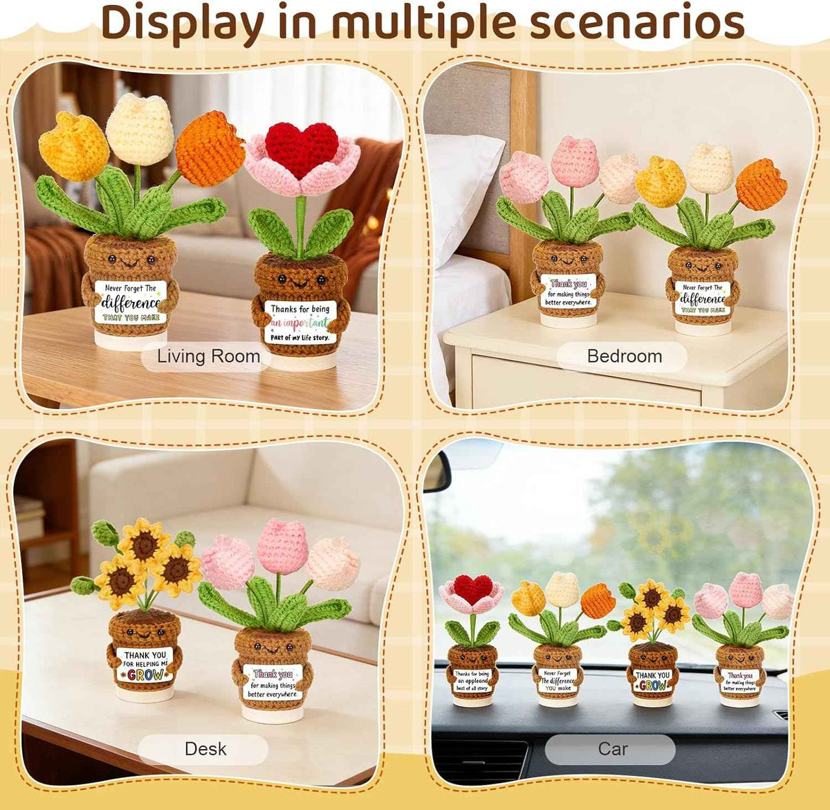4 Pcs Thank You Gifts for Women, Positive Crochet Sunflower Tulip Heart Potted Plant Flower Dolls with Card Wooden Stands and Box, Teacher Employee Appreciation Gifts, Mothers Day, Birthday Gift