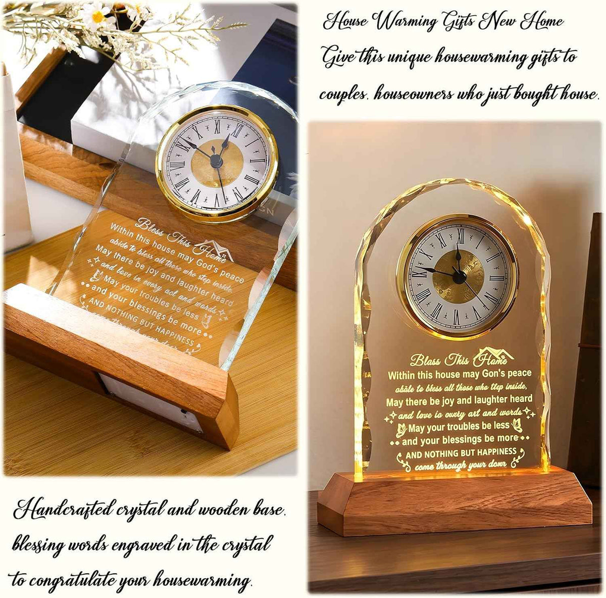 Ornalrist House Warming Gifts New Home Clock with LED Wooden Light Base | New Home Gift Ideas for Couples & Friends, Housewarming Gifts for Women Men Houseowners, Closing Gift for House Buyers