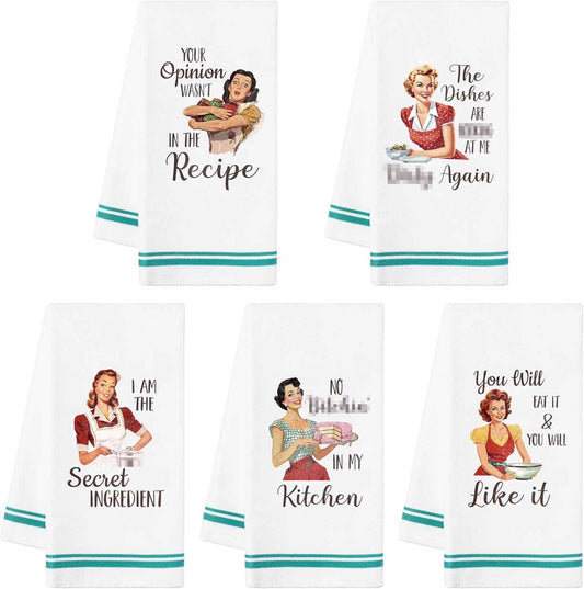 R HORSE 5 Pack Funny Joked Themed Kitchen Dish Towels | Soft Absorbent Kitchen Hand Towels, Retro Sassy Lady Hilarious Cleaning Dishcloth, Housewarming Gifts for Hostess, Mom, Women