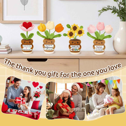 4 Pcs Thank You Gifts for Women, Positive Crochet Sunflower Tulip Heart Potted Plant Flower Dolls with Card Wooden Stands and Box, Teacher Employee Appreciation Gifts, Mothers Day, Birthday Gift