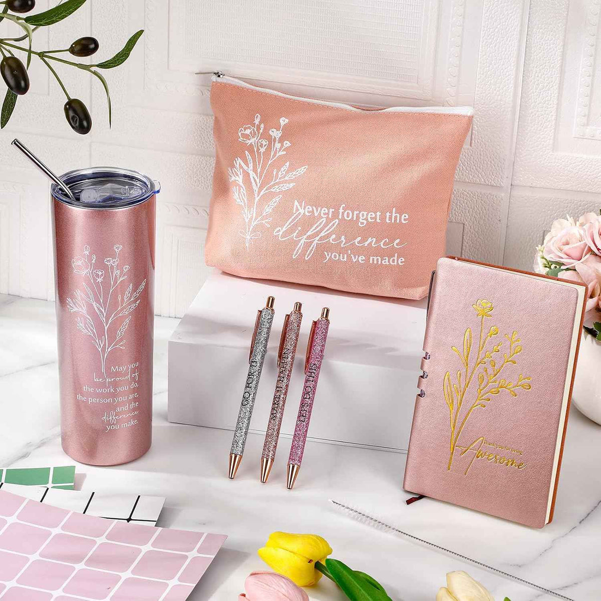 Funnymoom 6 Pcs Employee Appreciation Gift Thank You May You Be Proud 20 oz Boho Flower Tumbler Makeup Bag A6 Journal Pens for Back to School Gifts for Coworker Staff Women Men Nurse Teacher (Pink)