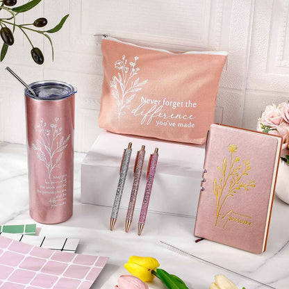 Funnymoom 6 Pcs Employee Appreciation Gift Thank You May You Be Proud 20 oz Boho Flower Tumbler Makeup Bag A6 Journal Pens for Back to School Gifts for Coworker Staff Women Men Nurse Teacher (Pink)