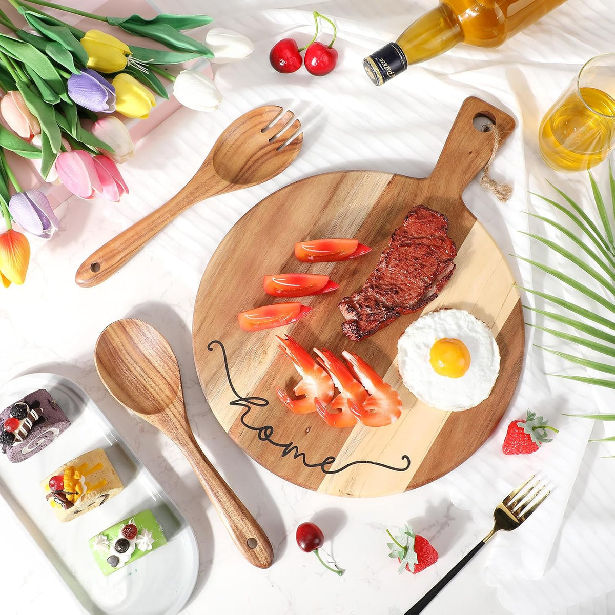 Patelai Wooden Cutting Board with Spoon Fork, Round Charcuterie Board | Housewarming Hostess Gift with Ribbon Decoration, Natural Wood Handle, Serves Cheese Fruit Bread Salad