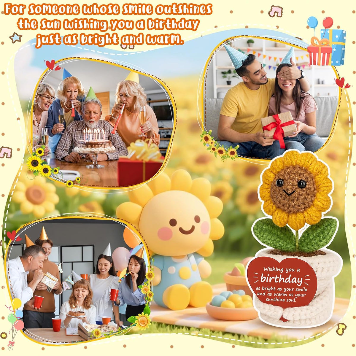 Crochet Sunflower Plush – Inspirational Funny Happy Birthday Gifts for Women Man, Mom, Sister, Best Friend, Coworker – Unique Gift Ideas for Her, Him, Birthday Decorations/Mothers Day