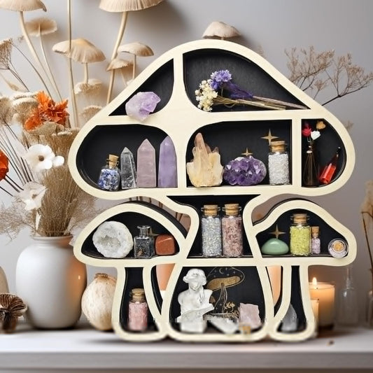 Mushroom Decor Floating Shelves, Crystal Display Shelf, Whimsy Wall Decor | Wall mounted mushroom shelf for crystals, rocks, gems and stones, cute Home wall decor and display,for bedroom living room