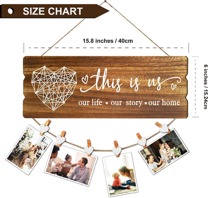 Buecasa Housewarming Gifts New Home Sign Decor - Rustic Wall Hanging Picture Frame with 6 Heart Clips -This Is Us Wall Decor 15.8x6.0 Inches