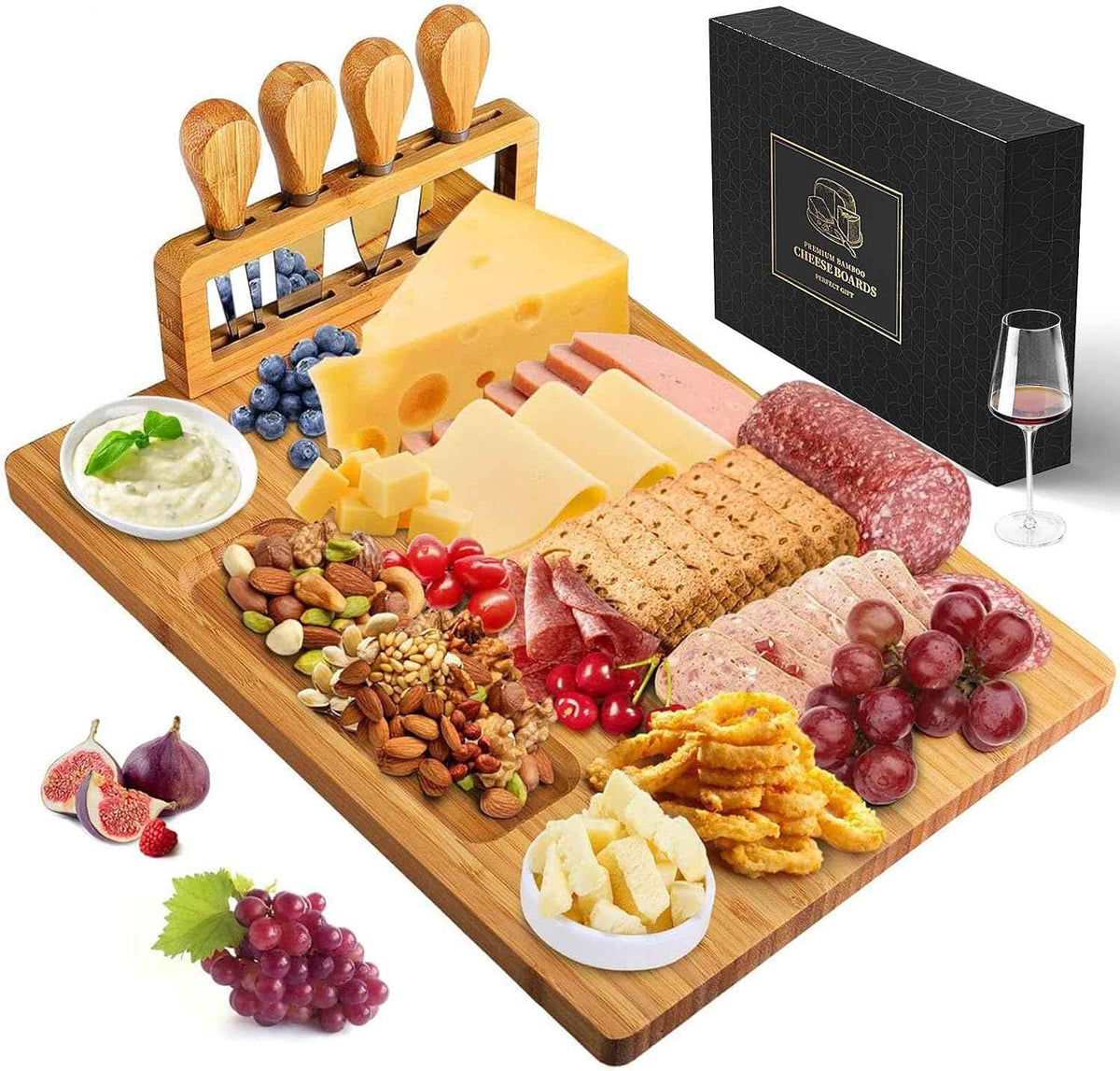 Bamboo Charcuterie Board Set with 4 Cheese Knives, Serving Platter | 4 stainless steel knives, cutting board. Ideal for parties, weddings, wine night, housewarming.
