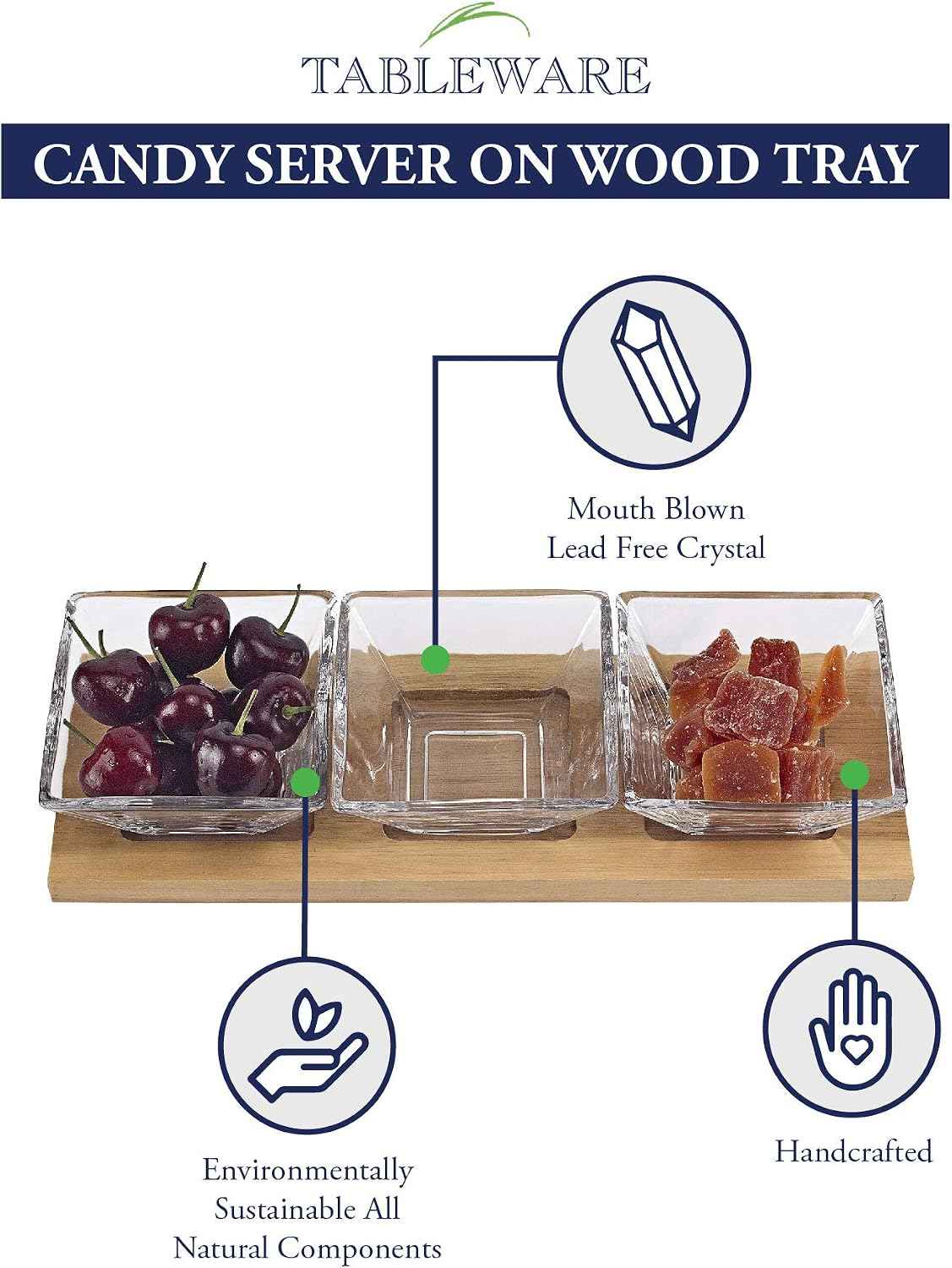 Badash Crystal Serving Bowl Set - 4-Piece 4" Square Bowls & Wood Tray Hostess Set - Handcrafted Food-Safe Lead-Free Crystal Glass Serving Piece