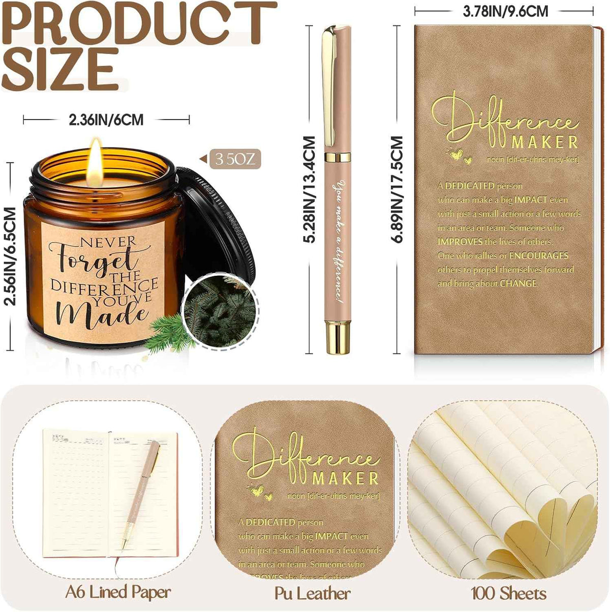 Vesici 4 Pcs Difference Maker Gift Set Mug Notebook Candle Pen, Brown, Word | Thank You Gift Set for Women, Men, Teacher, Nurse, Coworker, Employee, and Boss Back to School Teacher Appreciation Gifts