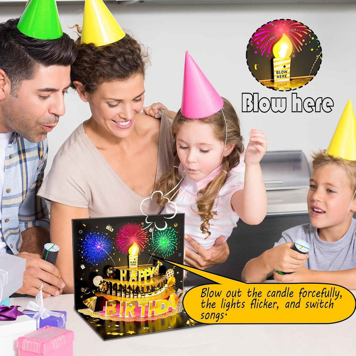 Pop Up Birthday Cards for Men, LED Light & Music Blow The Candle | 3D Balloons, Singing Happy Birthday gifts Card for Husband - Women, Kids, Son, Her, & Dad