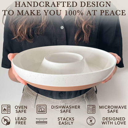 Mora Ceramic Chips and Dip Serving Tray: Large Divided Party Bowl Set for Chips & Salsa, Veggies & Dip, Fruit, Snacks, Entertaining, Hosting, etc. Minimalist Design for the Modern Hostess - White