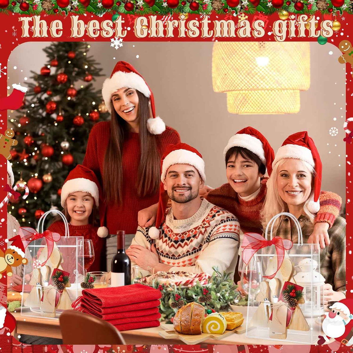 Acellegic 6 Sets Christmas Cheese Cutting Board Gift Set, Christmas Kitchen Gifts Bamboo Charcuterie Board with Fork Spoon Butter Knives Towels Bags Tags Ribbon Housewarming Gift (Xmas Tree)