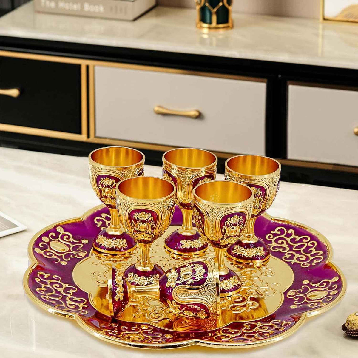 Turkish Tea Coffee Cup and Pot Set Including Teapot,Tea Tray,6 Cups | Vintage Metal,Service set Table Cabinet,Hip Flask Home Party Decor,Middle Eastern, Greek style (Gold and Purple)
