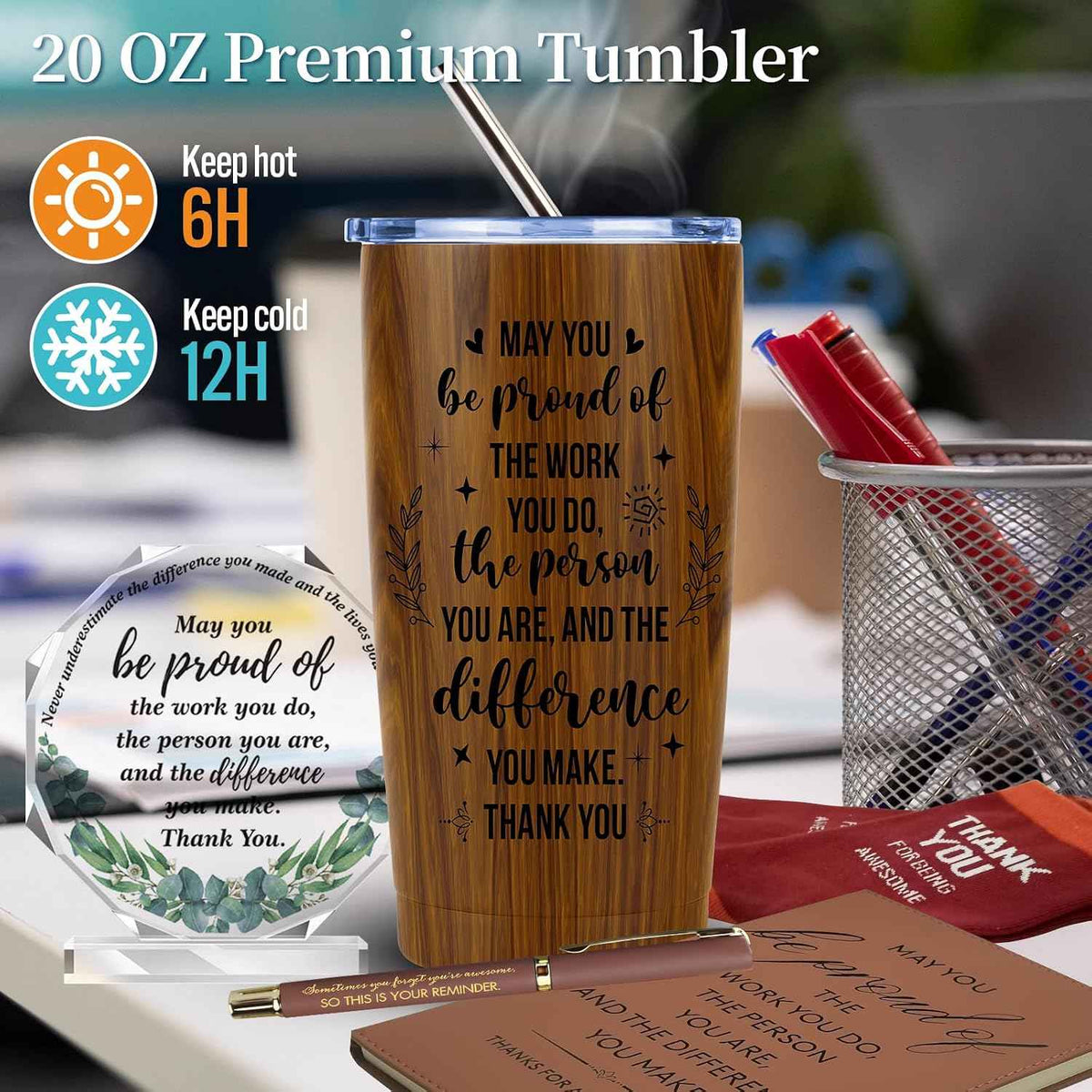 JTAMOHI 9 Pcs Employee Appreciation Gifts for Men, Best Coworker Appreciation Gifts with 20 Oz Tumbler, Leather Journal Notebook, Socks, Acrylic Award Plaque Sign, Thank You Gift for Employee