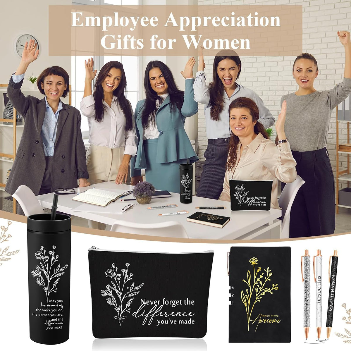 Funnymoom 6 Pcs Employees Appreciation Gifts for Women Coworke Teachers | Thank You Box, 16 oz Tumbler Makeup Bag Journal Pens, Bosses Day Birthday Baskets for Lady Staff Nurse Team Housekeeping Week