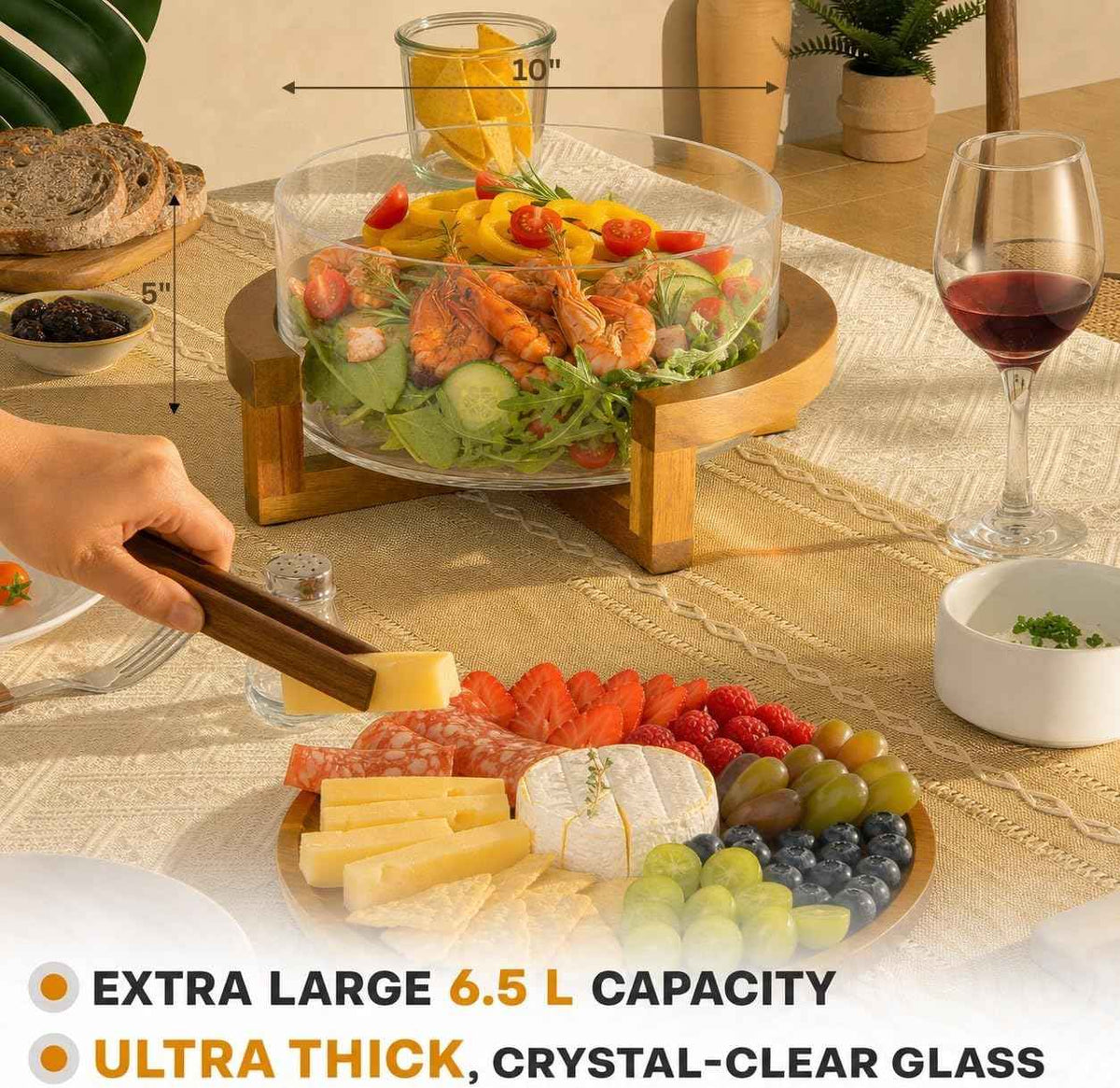 X-Large 6.5 L Glass Salad Bowl with Lid Set, Decorative Glass Mixing Bowl, Trifle and Serving Bowls with Lids as Cheese Charcuterie Board and Plate, Comes with Wood Serving Utensils