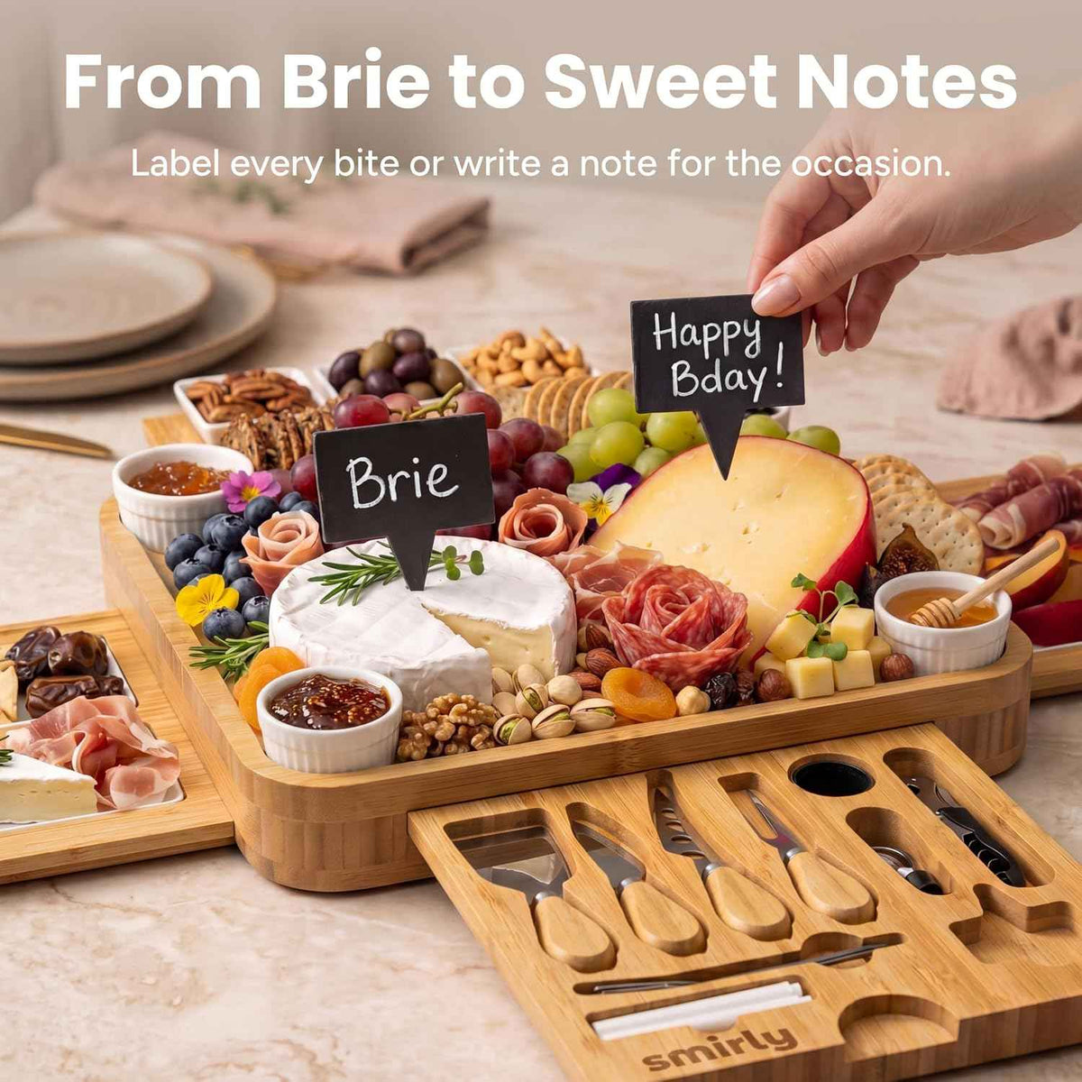 SMIRLY Bamboo Charcuterie Board Set with Cheese Knives, Serving Accessories | Housewarming, Wedding and Holiday Gift for Hosts, Suitable for Parties, Family Gatherings and Serving Charcuterie Spreads