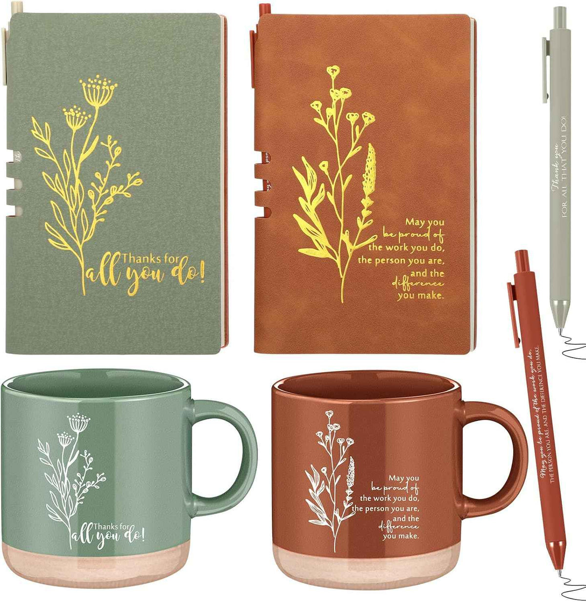 Didaey Employee Appreciation Gifts Set 13oz Boho Floral Ceramics Coffee Mugs with A6 Leather Notebooks Ballpoint Pens Bulk Teacher Thank You Gift for Volunteer Coworkers Staff Nurse(2 Sets,2 Colors)