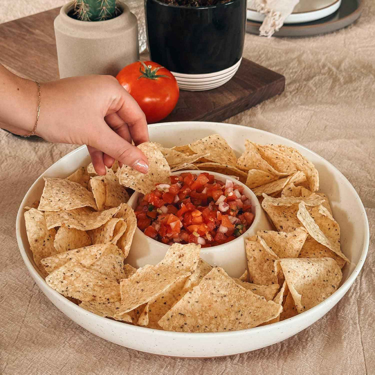 Mora Ceramic Chips and Dip Serving Tray: Large Divided Party Bowl Set for Chips & Salsa, Veggies & Dip, Fruit, Snacks, Entertaining, Hosting, etc. Minimalist Design for the Modern Hostess - White