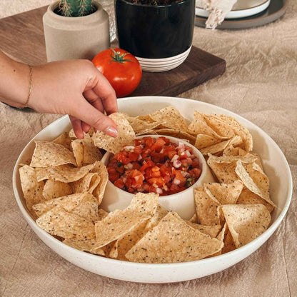 Mora Ceramic Chips and Dip Serving Tray: Large Divided Party Bowl Set for Chips & Salsa, Veggies & Dip, Fruit, Snacks, Entertaining, Hosting, etc. Minimalist Design for the Modern Hostess - White