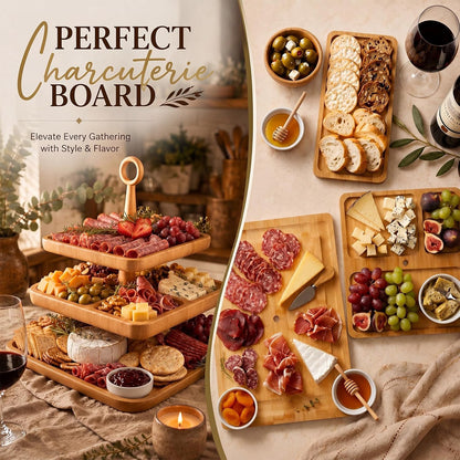 Qunclay 3-Tier Charcuterie Board 360° Rotating Lazy Susan Serving Tray | Wooden Tiered Serving Set with 4 Bowls, 12 Forks, Honey Sticks, Swivel Design for Party, Wedding, Housewarming