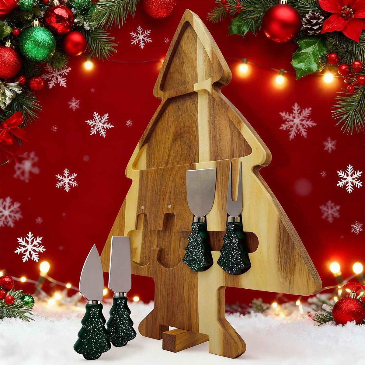 17.3'' Xmas Tree Charcuterie Board Set – Dual-Side Acacia Wood Serving Tray & Cutting Board with 4 Magnetic Knives, Rotating Base – Festive Cheese Platter for Christmas Snacks, Hostess Gift