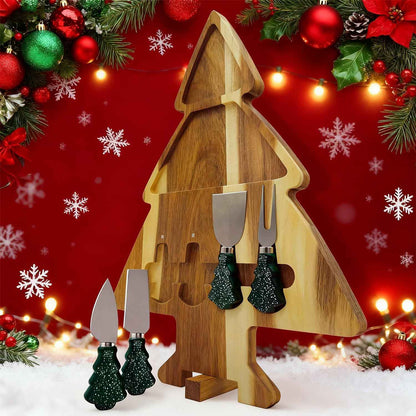 17.3'' Xmas Tree Charcuterie Board Set – Dual-Side Acacia Wood Serving Tray & Cutting Board with 4 Magnetic Knives, Rotating Base – Festive Cheese Platter for Christmas Snacks, Hostess Gift