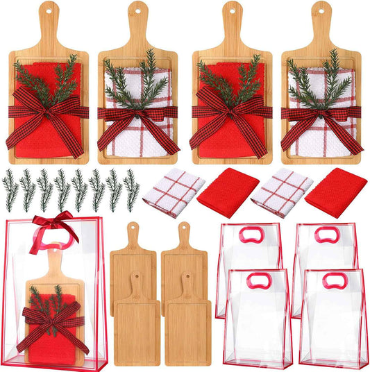 Suclain 4 Sets Christmas Kitchen Gifts Christmas Cutting Board Sets | Bamboo Boards with Plaid Waffle Towels, Ribbon Pine Decoration, Gift Bags for Exchange, Housewarming Cooking Presents