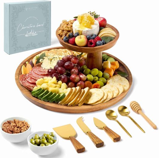 Charcuterie Board Set - Round Acacia Cheese Board Tiered Tray Stand with Accessories - House Warming Gifts for New Home, Bridal Shower & Wedding Gift, Birthday Gifts for Women