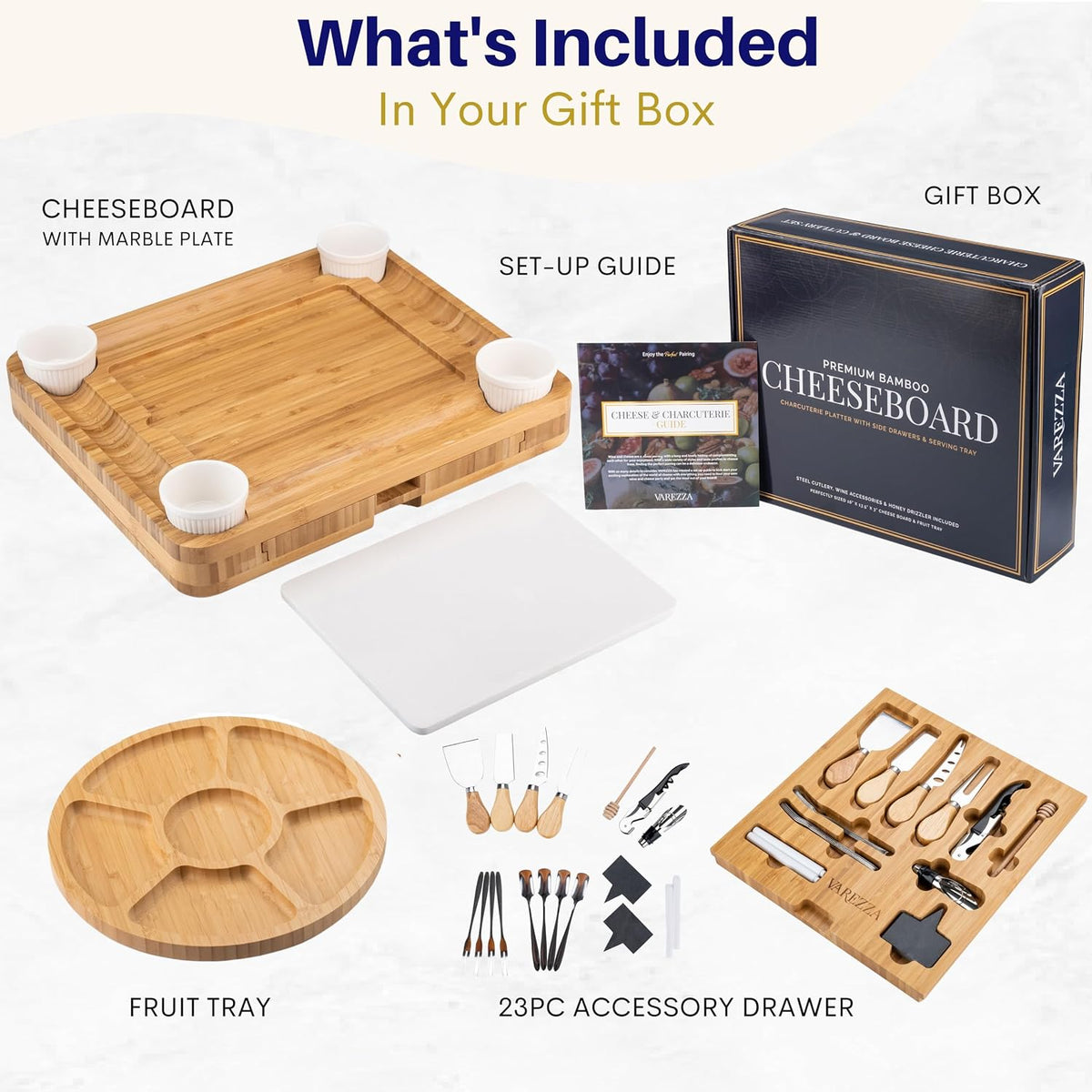 Extra Large Charcuterie Boards Gift Set: Marble Bamboo Cheese Board Set- Unique for Mom, 23 Entertaining Accessories, Christmas, Wedding Gifts for Couple, House Warming Gifts Home