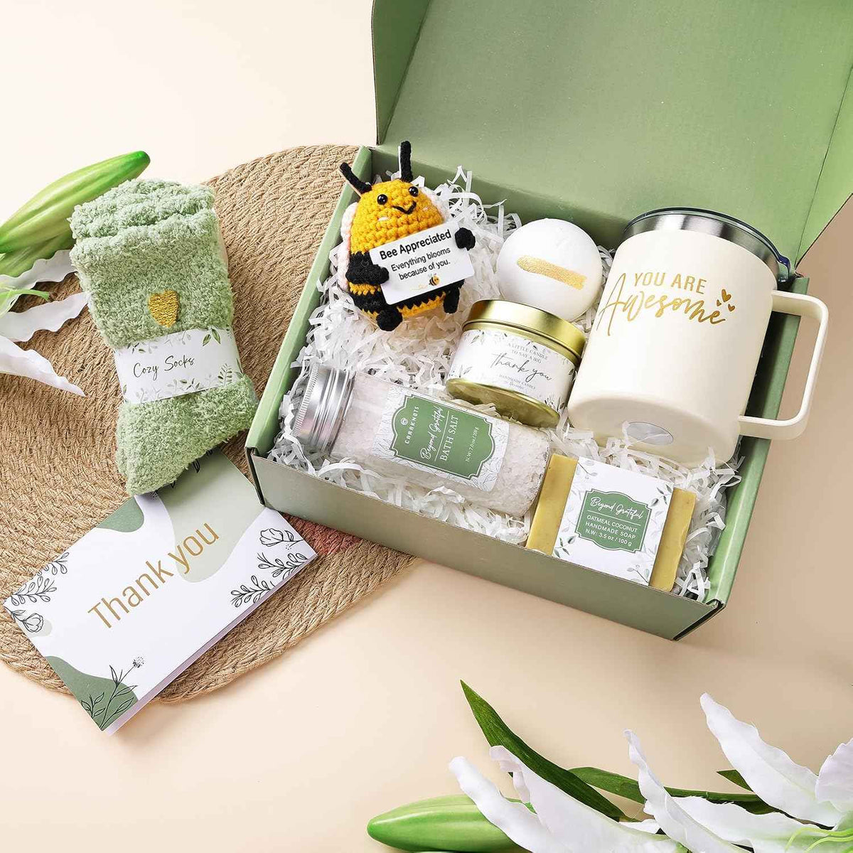 CARAKNOTS Thank You Gifts for Women, Appreciation Box for Coworker Employee | 10 Pcs Sage Green Gift Box for Nurse Boss Teacher, Crochet Bee Keepsake, Tumbler, Self Care Spa Items, Birthday Christmas