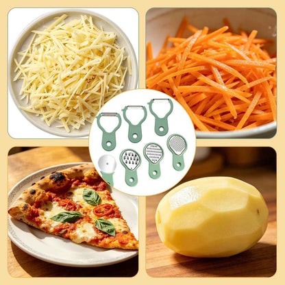 Kitchen Gadgets Set 7 Pieces, Space Saving RV Camper Kitchen Supplies, Cheese Grater, Pizza Cutter, Vegetable Shredder, Fruit Peeler, Garlic Grinder, Stackable Cooking Tools, Dishwasher Safe