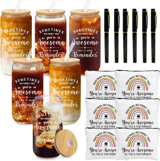 GiftPioneer 6 Set Employee Appreciation Gifts Bulk, Thank You Gifts for Coworker Staff Teacher Nurses, 16 oz Can Shaped Beer Glass Makeup Bag Ballpoint Pen for Women Men (Sometimes)