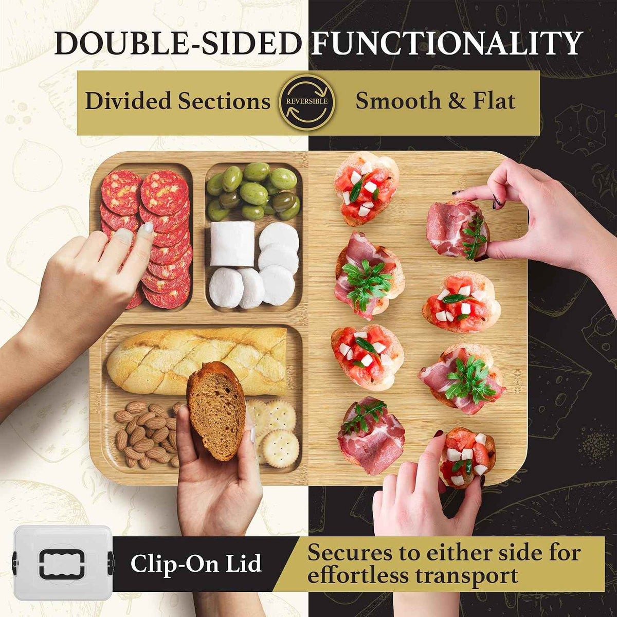 Charcuterie Board with Lid - Reversible, 2-in-1 Travel Portable Cheese Board for Picnics & Entertaining - Housewarming Gift Set Idea - Covered Snack Serving Tray - Large Food Platter