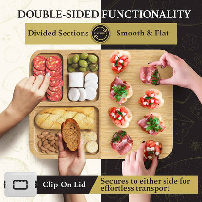 Charcuterie Board with Lid - Reversible, 2-in-1 Travel Portable Cheese Board for Picnics & Entertaining - Housewarming Gift Set Idea - Covered Snack Serving Tray - Large Food Platter