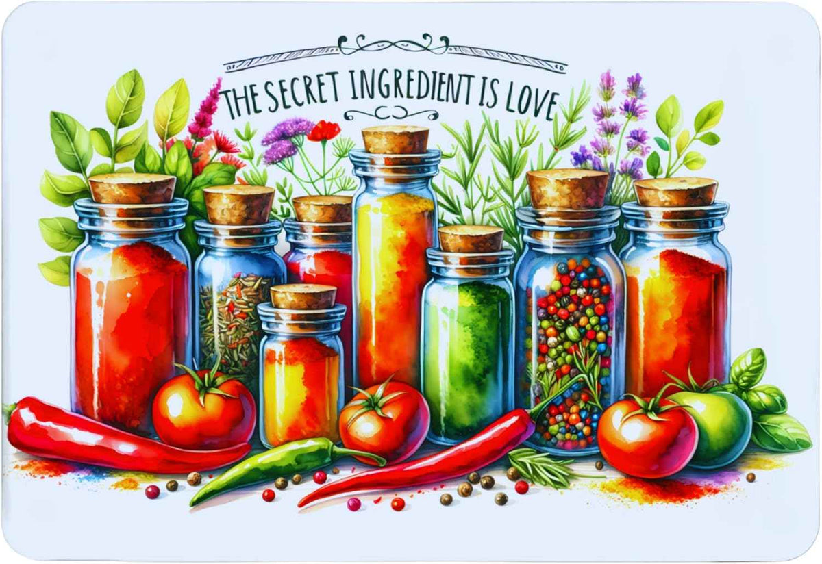 The Secret Ingredient is Love - Tempered Glass Cutting Board – Versatile Charcuterie Board & Serving Tray for Hostess Gifts, Housewarmings, and Functional Kitchen Art - ideal Birthday Gift (15" x 11")