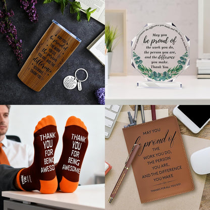 JTAMOHI 9 Pcs Employee Appreciation Gifts for Men, Best Coworker Appreciation Gifts with 20 Oz Tumbler, Leather Journal Notebook, Socks, Acrylic Award Plaque Sign, Thank You Gift for Employee