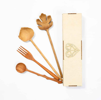 JABIHOME 4 Wooden Spoons and Forks Set, Thanksgiving Gifts for Women | 4pcs, Solid Wood, Beautiful Handcrafted, Ready-Gift Box