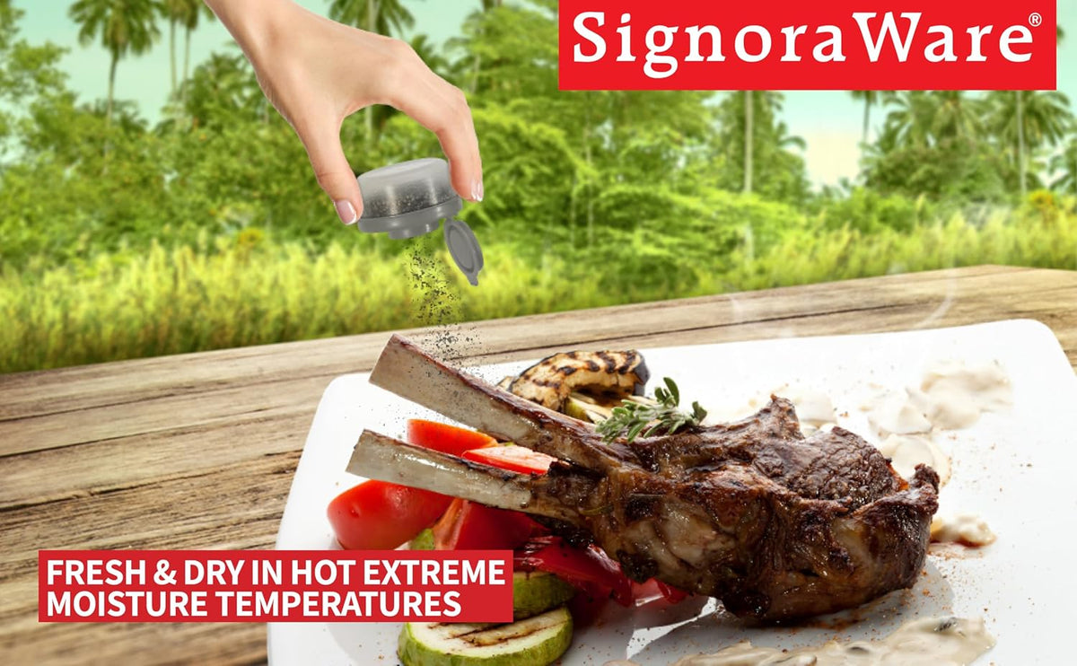 SIGNORAWARE Salt and Pepper Shakers Moisture Proof Set of 2 Small Mini Salt Shaker to go Camping Picnic Outdoors Kitchen Lunch Boxes Travel Spice Set Clear with Red Covers Plastic Airtight Dispenser